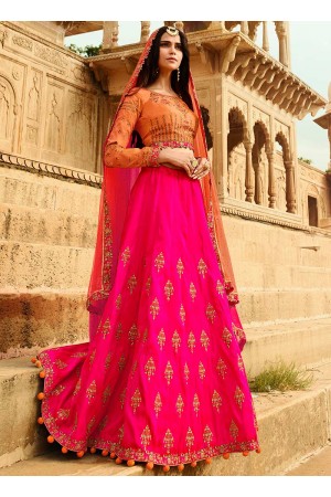 Rani and Dark peach Banarasi silk wedding lehenga Choli