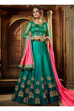 Turquoise satin silk wedding lehenga choli