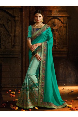 Aqua blue and green silk designer party wear saree