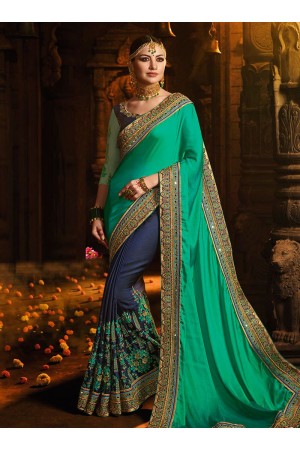 Turquoise and blue barfi silk designer party wear saree