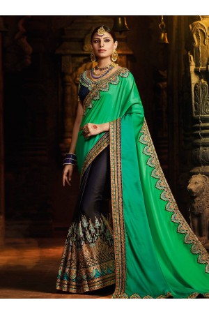 Turquoise and blue silk designer party wear saree