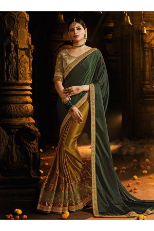 Mustuard and green satin silk designer party wear saree