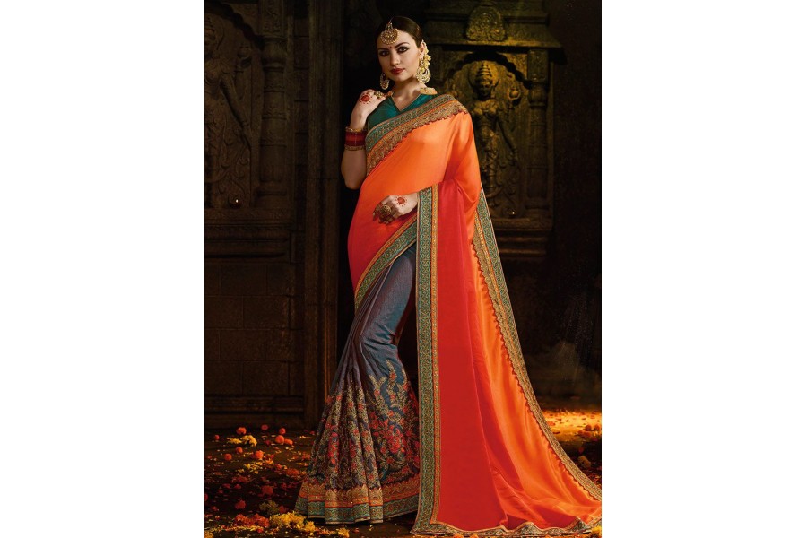 sky blue and orange combination saree