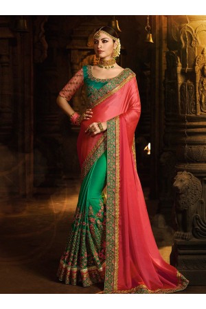 Green and pink silk designer party wear saree