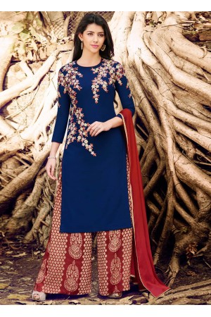 Navy blue color georgette straight cut salwar kameez