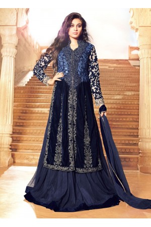 Navy blue color net and velvet wedding lehenga kameez