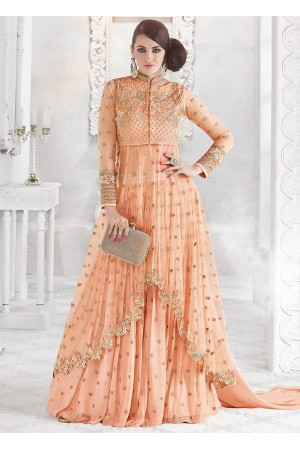 Orange color georgette and net party wear ghaghara and pant style 2-in-1 look