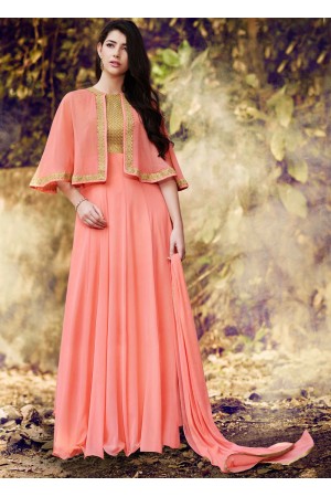 Peach color georgette straight cut salwar kameez