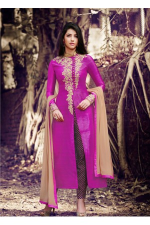 Rani color handloom silk straight cut salwar kameez