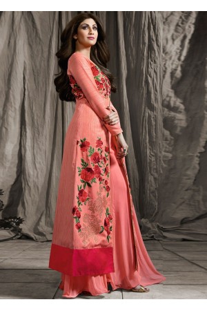 Shilpa shetty pink color raw silk and georgette palazzo kameez