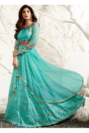 Shilpa shetty turquoise color raw silk and net party wear anarkali