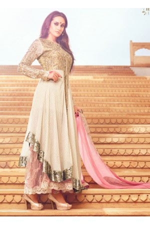 White and pink silk net and georgette party wear anarkali