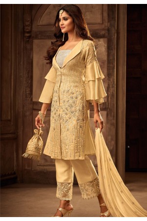 cream georgette satin embroidered trouser style pakistani suit 29007