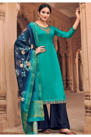 cyan georgette satin palazzo style suit 6604