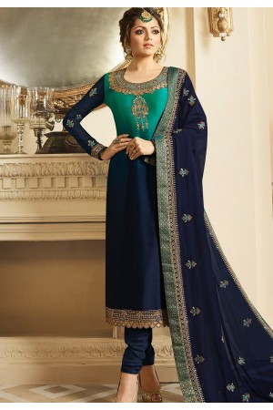 drashti dhami blue shade satin georgette embroidered churidar suit 3208