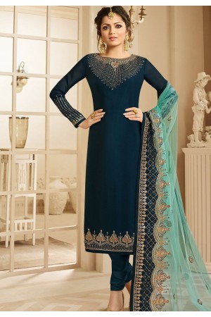 drashti dhami dark blue satin georgette embroidered churidar suit 3205