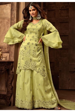 green georgette satin heavy embroidered sharara style pakistani suit 29004