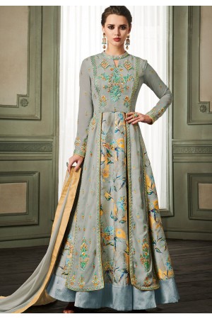 grey georgette long embroidered anarkali suit 37004