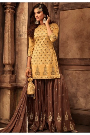 mustard brown georgette satin embroidered sharara style pakistani suit 29005