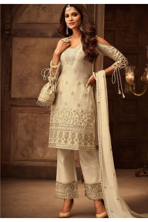 off white georgette satin embroidered trouser style suit 29003