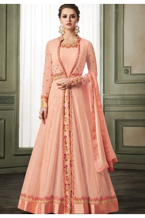 peach georgette long jacket style anarkali suit 37001