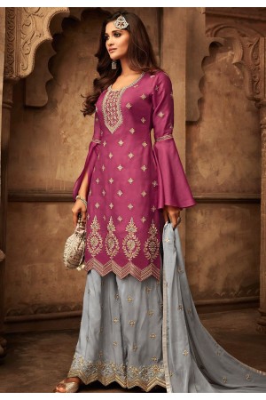 pink grey georgette satin embroidered palazzo style pakistani suit 29006