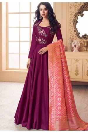 purple satin long embroidered gown style suit 5016