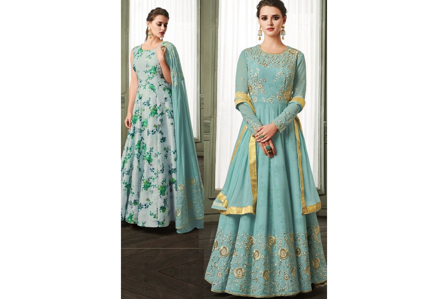 Sky Blue Georgette Designer Readymade Anarkali Dress With Printed Embroidery Work
