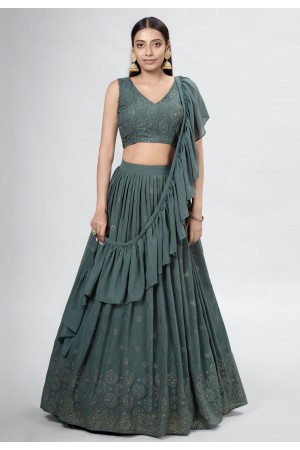 Georgette a line lehenga choli in Camo green colour DRS11007