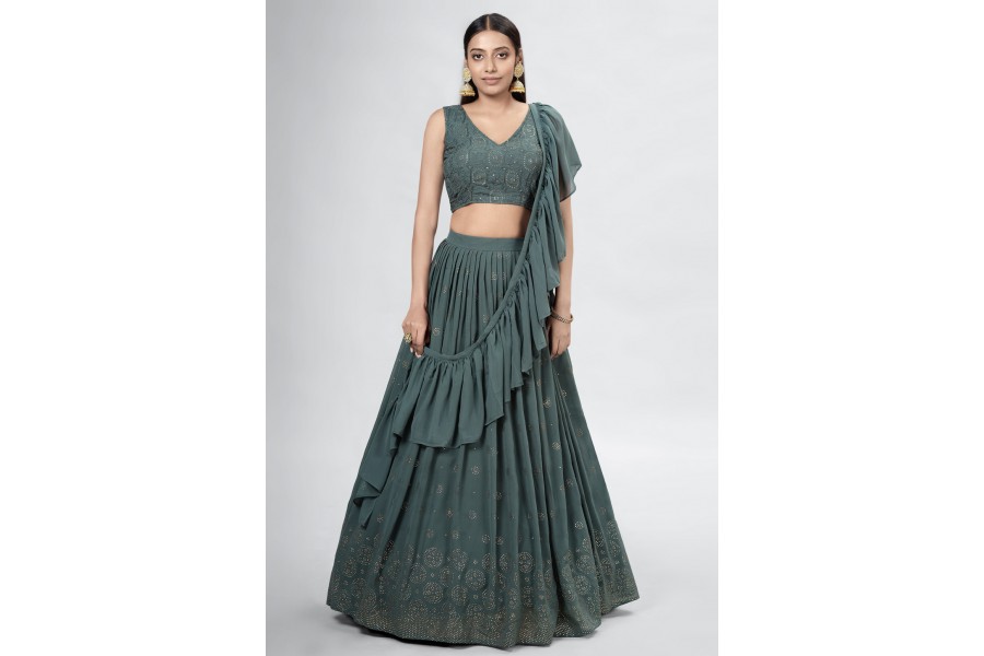 Georgette a line lehenga choli in Camo green colour DRS11007