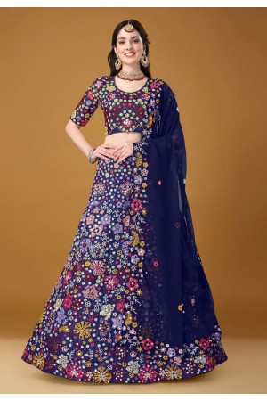 Satin silk a line lehenga choli in Navy blue colour 11004