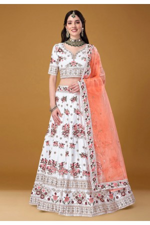 Satin silk a line lehenga choli in White colour 11005