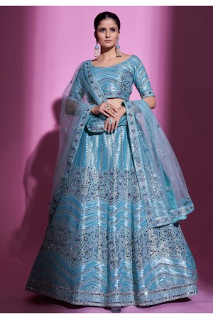 Silk a line lehenga choli in Aqua colour 34002