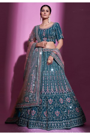 Silk a line lehenga choli in Teal colour 34006