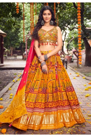 Silk readymade circular lehenga choli in Mustard colour 106