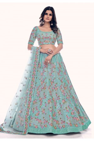 Soft net circular lehenga choli in Sea green colour 36009