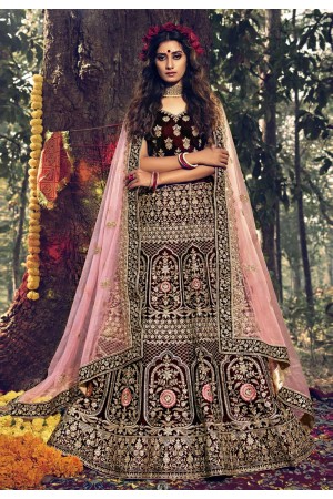 Maroon velvet bridal lehenga choli 3705