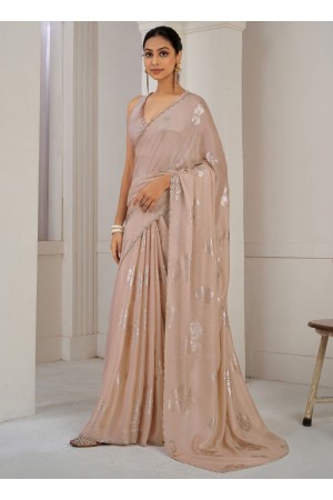 Beige Satin silk foil work wedding saree with blouse 1021C