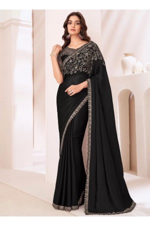 Black satin chiffon sequins embroidered wedding saree with blouse 1309C