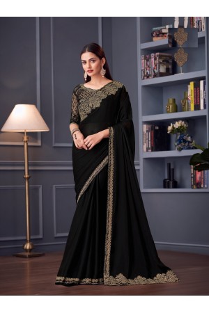 Black satin chiffon sequins embroidered wedding saree with blouse 30015