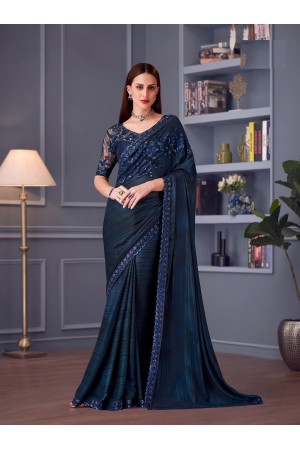 Navy blue glitter silk sequins embroidered wedding saree with blouse 30008