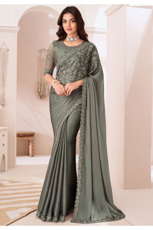 Dusty green satin chiffon sequins embroidered wedding saree with blouse 1307F