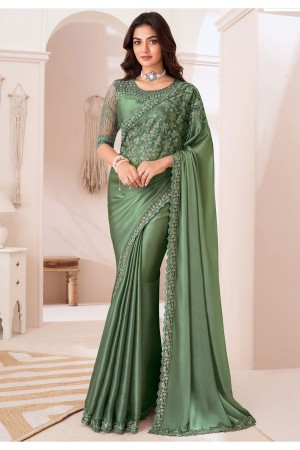 Green satin chiffon sequins embroidered wedding saree with blouse 1307C