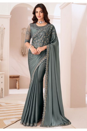 Grey satin chiffon sequins embroidered wedding saree with blouse 1307D