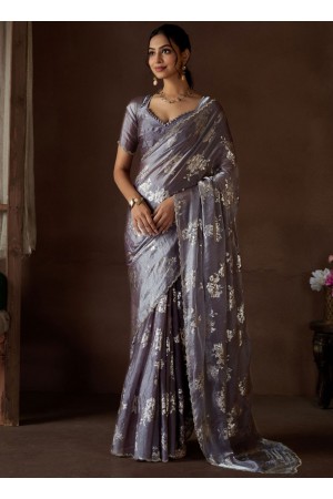 Greyish Purple Satin silk foil work wedding saree with blouse 1012E