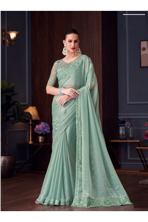 Ice green double tone silk sequins embroidered wedding saree with blouse 30010