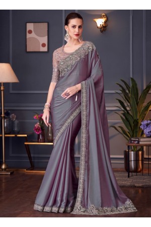 Lavender silk chiffon sequins embroidered wedding saree with blouse 30004