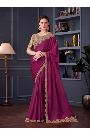Magenta satin chiffon sequins embroidered wedding saree with blouse 30012