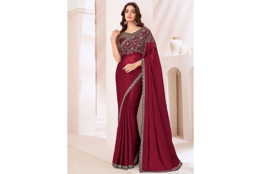 Maroon Embroidered Designer Ready to Wear Saree