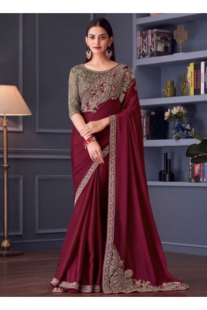 Maroon satin silk sequins embroidered wedding saree with blouse 30001